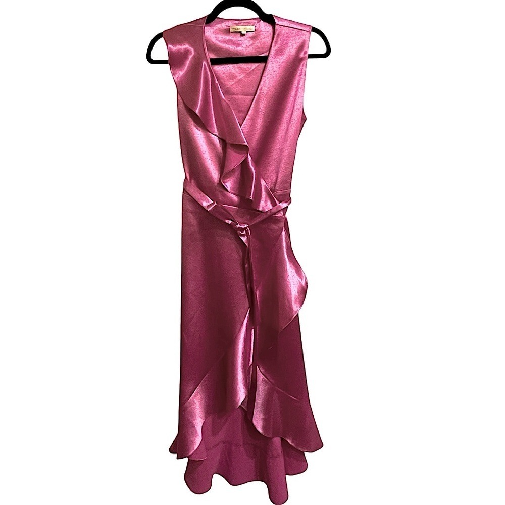 Maje  Ripple Ruffle Detail Satin Wrap Dress in Fuchsia Size Small (1)